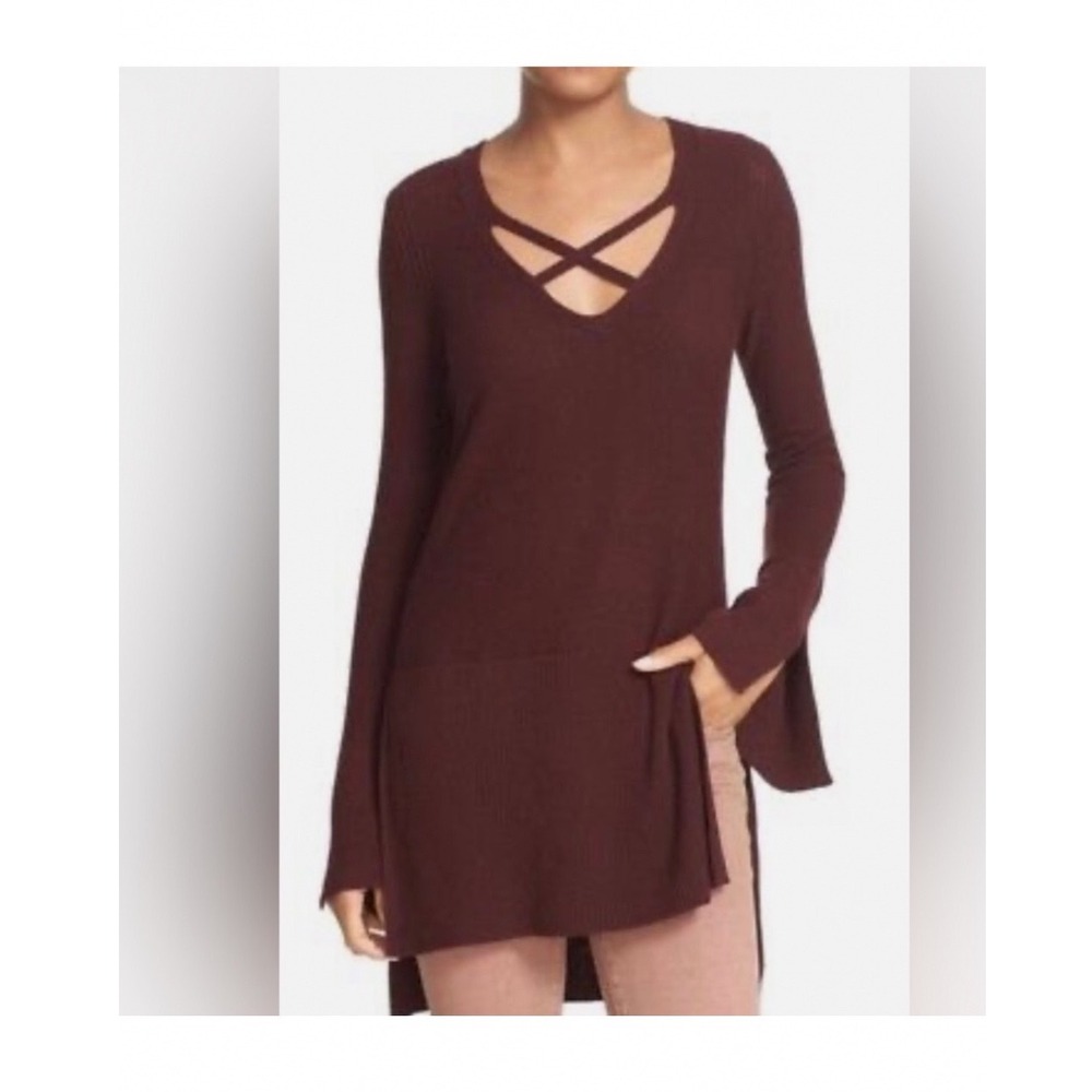 Free People Burgundy Crisscross Strappy V-Neck Tunic Ribbed Sweater Bell Sleeve